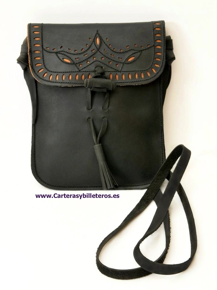 BOLSO DE ARTESANIA EN CUERO DISPONIBLE EN DOS TAMAÑOS NEGRO Y NARANJA GRANDE 