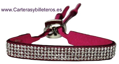 PULSERA DE PIEL ANTE Y STRASS CON CIERRE METAL REGULABLE 10 COLORES FUCSIA 