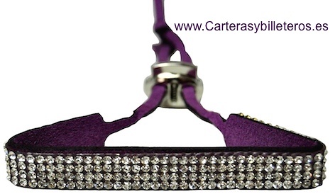 PULSERA DE PIEL ANTE Y STRASS CON CIERRE METAL REGULABLE 10 COLORES LILA 