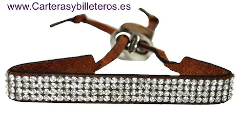 PULSERA DE PIEL ANTE Y STRASS CON CIERRE METAL REGULABLE 10 COLORES MARRON 