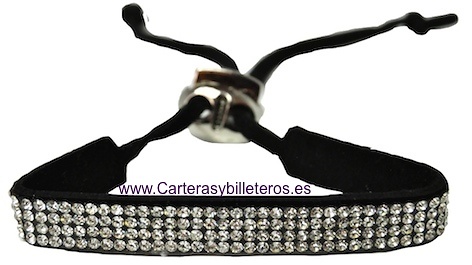 PULSERA DE PIEL ANTE Y STRASS CON CIERRE METAL REGULABLE 10 COLORES NEGRO 