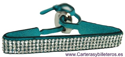 PULSERA DE PIEL ANTE Y STRASS CON CIERRE METAL REGULABLE 10 COLORES VERDE MAR 