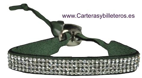 PULSERA DE PIEL ANTE Y STRASS CON CIERRE METAL REGULABLE 10 COLORES VERDE OSCURO 