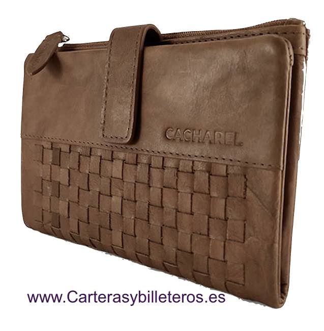 CARTERA CACHAREL DE MUJER GRANDE DE PIEL CON ADORNO ARTESANAL CUERO 