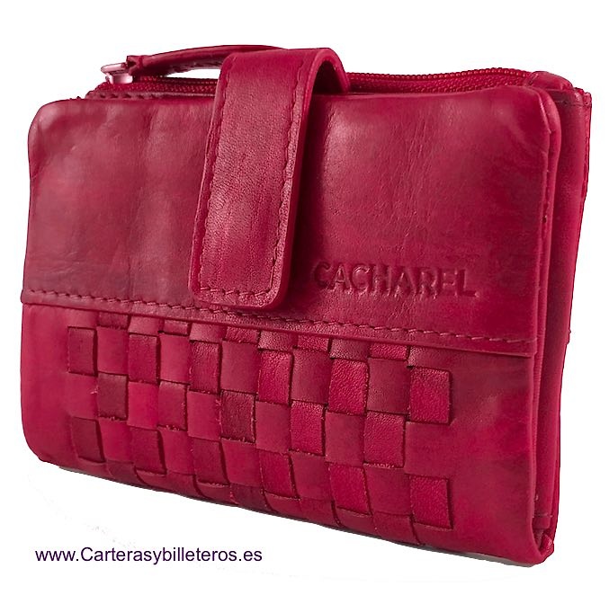 CARTERA CACHAREL DE MUJER PEQUEÑA DE PIEL CON ADORNO ARTESANAL ROJO 