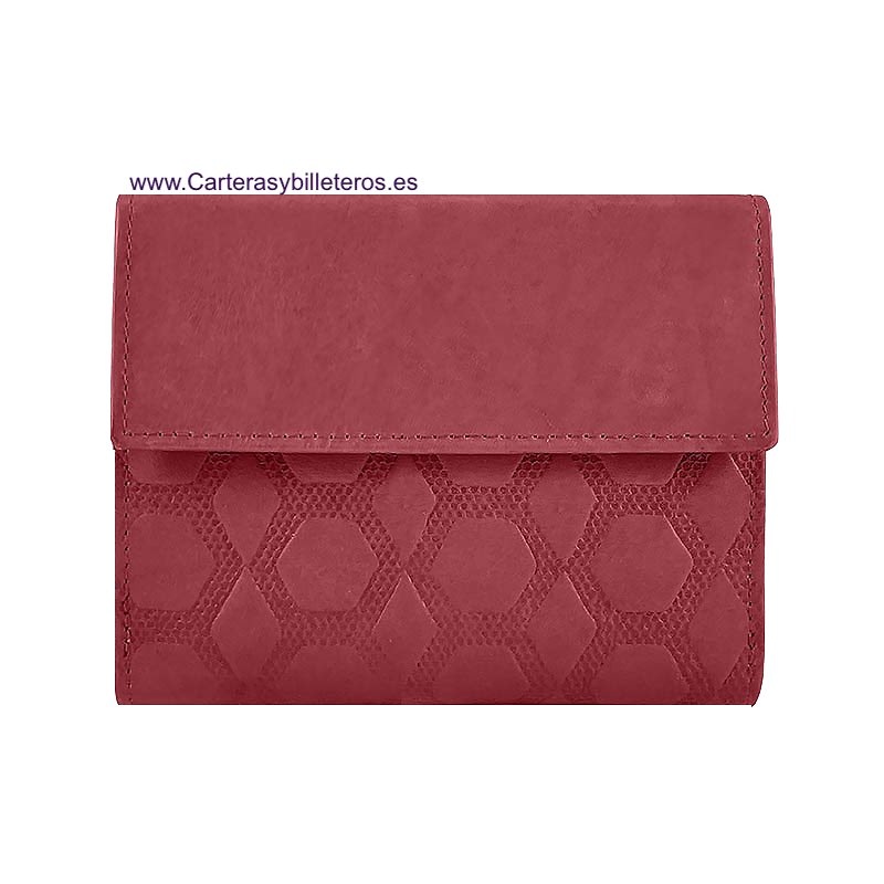 CARTERA PEQUEÑA DE MUJER DE PIEL GRABADA CON ROMBOS Y HEXÁGONOS ROJO 