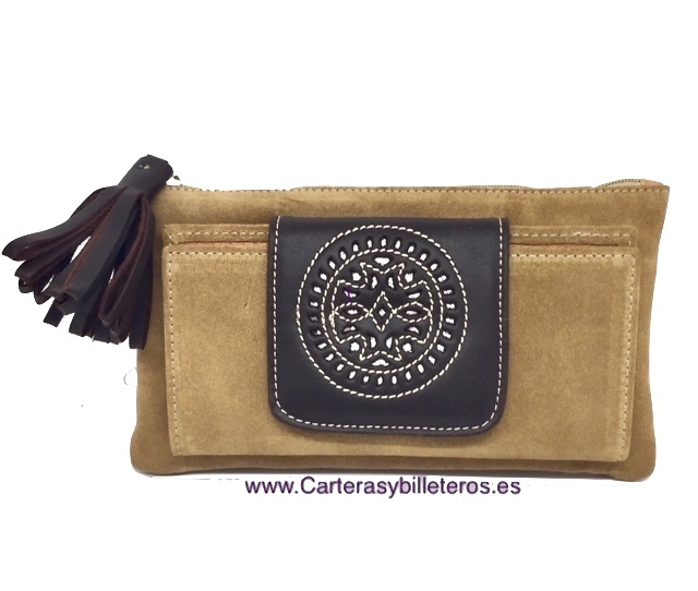 BOLSO CARTERA DE MUJER CON ADORNO DE BORLA EN EL CIERRE - 15 COLORES - CAMEL SERRAJE Y MARRÓN 