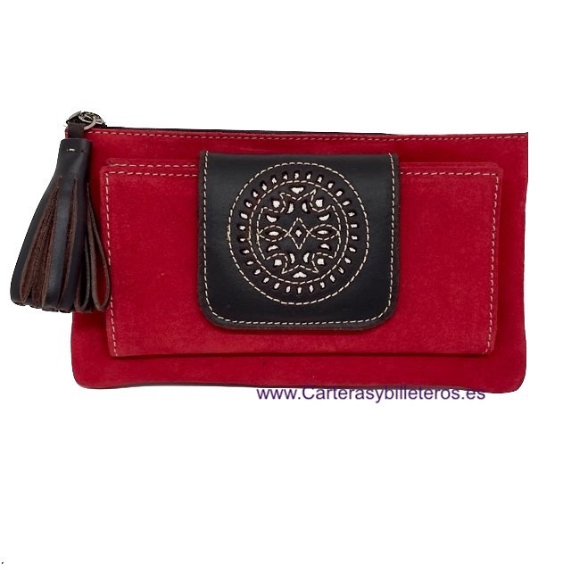 BOLSO CARTERA DE MUJER CON ADORNO DE BORLA EN EL CIERRE - 15 COLORES - ROJO SERRAJE Y MARRÓN 