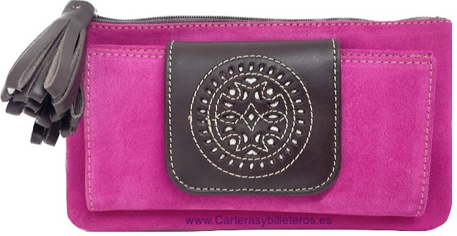 BOLSO CARTERA DE MUJER CON ADORNO DE BORLA EN EL CIERRE - 15 COLORES - ROSA CAPOTE SERRAJE Y MARRÓN 