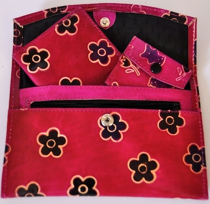 CARTERA DE PIEL Y BILLETERO MONEDERO -CONJUNTO 3 PIEZAS DE PIEL- ROSA 