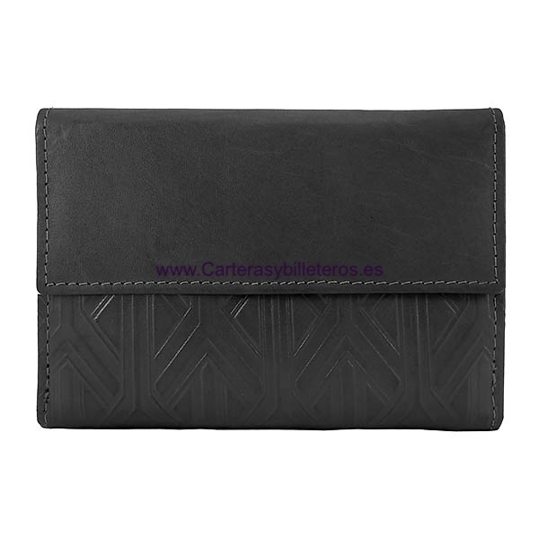 CARTERA MUJER DE PIEL CON MOTIVOS GEOMÉTRICOS MODERNISTAS GRABADOS NEGRO 