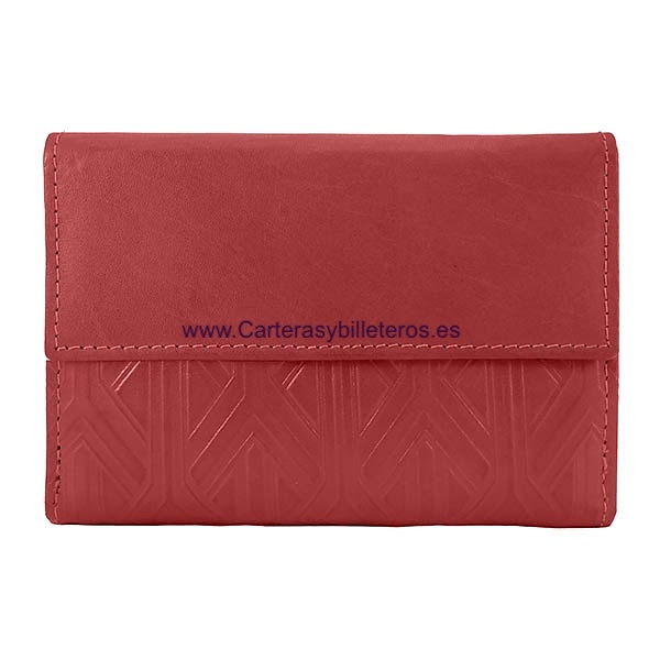 CARTERA MUJER DE PIEL CON MOTIVOS GEOMÉTRICOS MODERNISTAS GRABADOS ROJA 