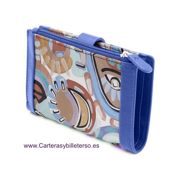 CARTERA DE MUJER PIEL PINTADA CUBISTA PICASSIANA CON MONEDERO TARJETERO MALVA 