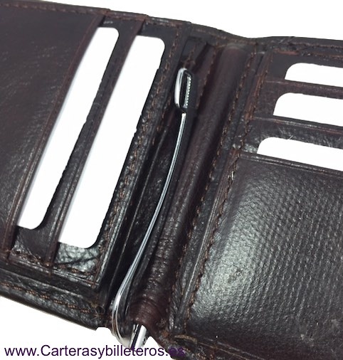 CARTERA TARJETERO HOMBRE CON PINZA PARA BILLETES Y PORTA DNI EXTERIOR MARRÓN OSCURO 