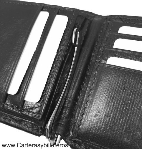 CARTERA TARJETERO HOMBRE CON PINZA PARA BILLETES Y PORTA DNI EXTERIOR NEGRO 