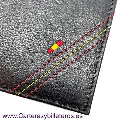 CARTERA DE HOMBRE DE PIEL UBRIQUE CON PESPUNTE Y BANDERA DE ESPAÑA NEGRO 