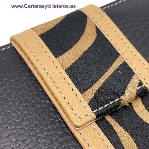 CARTERA BILLETERA DE MUJER DE PIEL Y PELO CEBRA HECHA EN UBRIQUE NEGRO Y CAMEL 