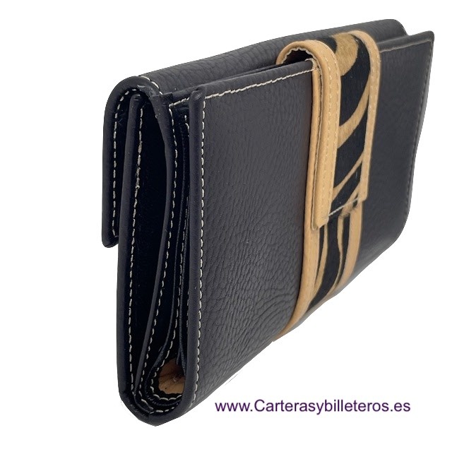 CARTERA BILLETERA DE MUJER DE PIEL UBRIQUE MEDIANA NEGRO Y CAMEL 