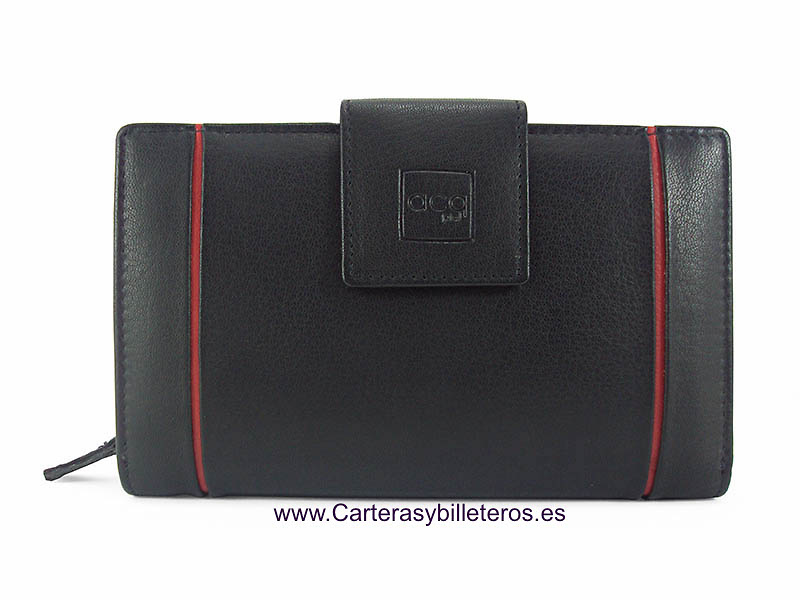 CARTERA DE MUJER GRANDE DE PIEL NAPA DE CALIDAD CON MONEDERO NEGRO Y ROJO 