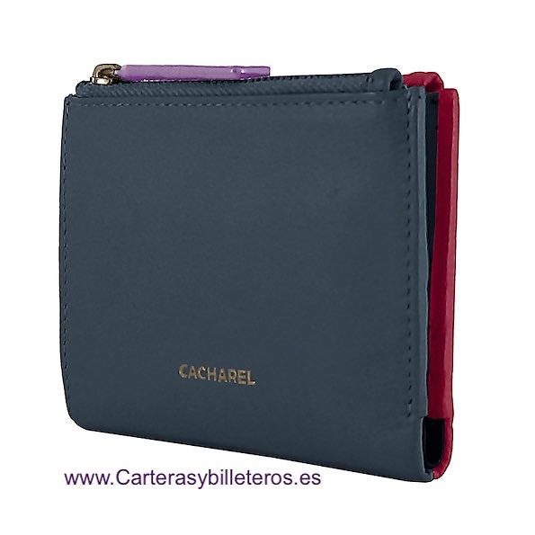 CARTERA BILLETERA DE MUJER CON DOBLE MONEDERO CACHAREL DEL PIEL DE COLORES FRESA Y AZUL MARINO 