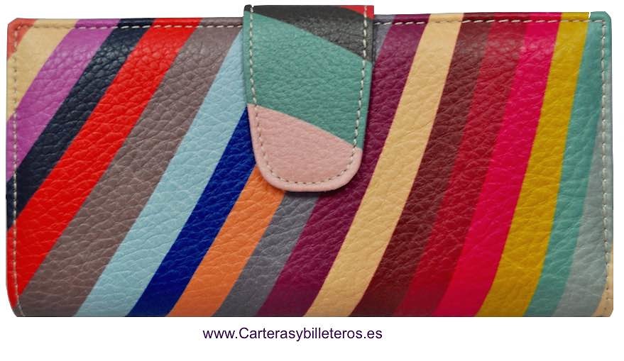 CARTERA BILLETERA DE MUJER DE PIEL GRANDE MULTICOLOR DISEÑO EXCLUSIVO RAYAS COLORES ARCO IRIS 