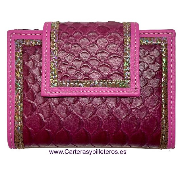 CARTERA DE PIEL DE SERPIENTE Y VACUNO PARA MUJER PEQUEÑA GRANATE-ROSA 