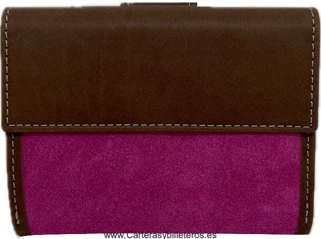 CARTERA MUJER CUERO CON ANTE HECHA EN UBRIQUE -9 COLORES- FUCSIA 