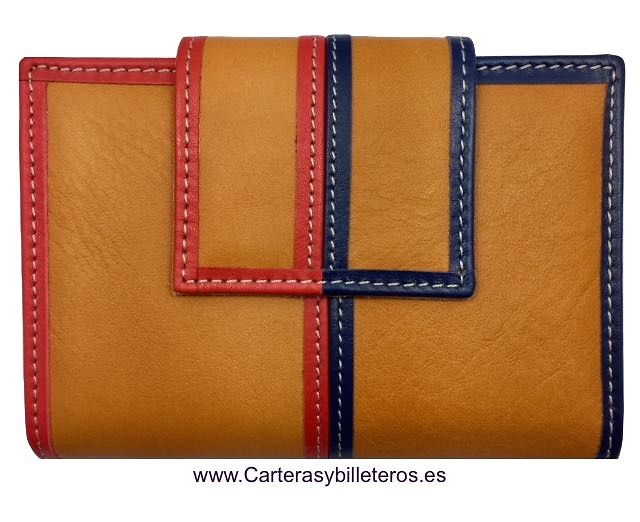 CARTERA MUJER CUERO CON ADORNO MARINO Y ROJO HECHA EN UBRIQUE CUERO 