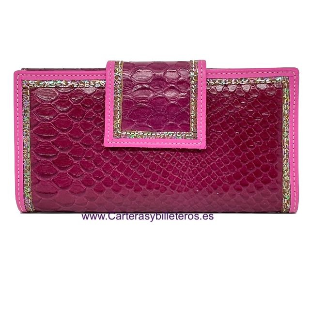 CARTERA MEDIANA DE MUJER DE PIEL DE SERPIENTE Y VACUNO GRANATE Y ROSA 