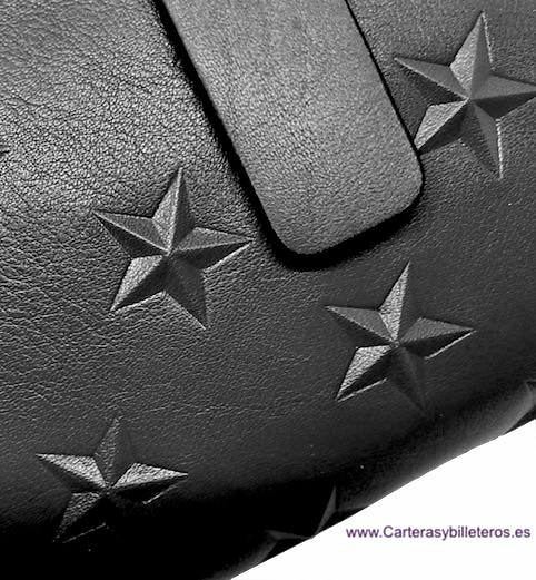 CARTERA BILLETERA MUJER GRANDE DE PIEL UBRIQUE EXTRA SUAVE NEGRA CON ESTRELLAS A RELIEVE 