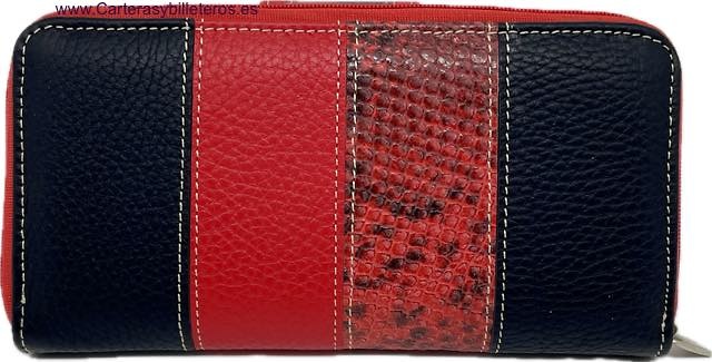 CARTERA BILLETERA GRANDE DE MUJER CON MONEDERO TRIPLE PARA MUCHAS TARJETAS EN PIEL UBRIQUE NEGRO CON ROJO 