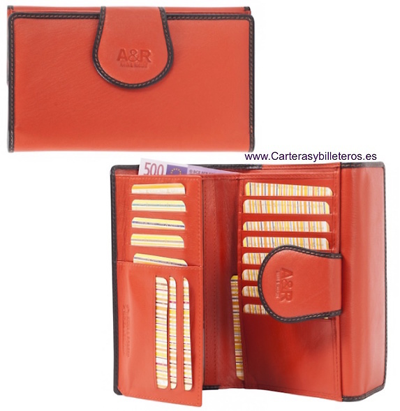 CARTERA MONEDERO DE PIEL GRANDE PARA MUJER NARANJA 