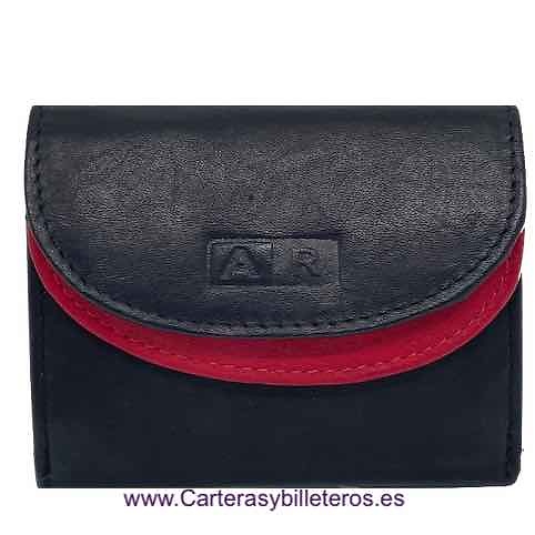 MONEDERO DE PIEL CON BILLETERO DOBLE GRANDE NEGRO Y ROJO 