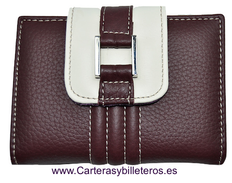 CARTERA DE PIEL PARA MUJER PEQUEÑA PERO MUY COMPLETA BURDEOS Y BEIGE 