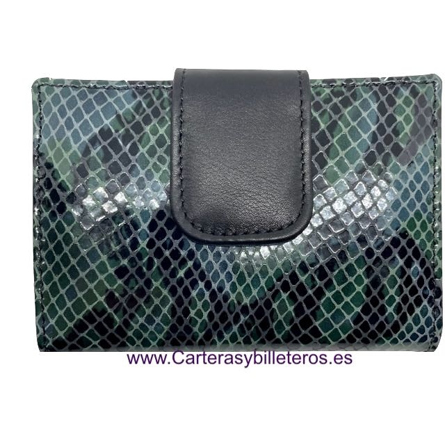 CARTERA MUJER PEQUEÑA DE PIEL UBRIQUE SERPIENTE TERMINACIÓN DE GRAN CALIDAD MUCHOS COLORES SERPIENTE VERDE Y NEGRO 