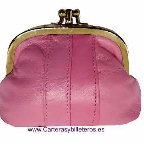 MONEDERO MUJER DE PIEL CON BOQUILLA DOBLE Y BOLSILLO MEDIANO -25 COLORES- ROSA 