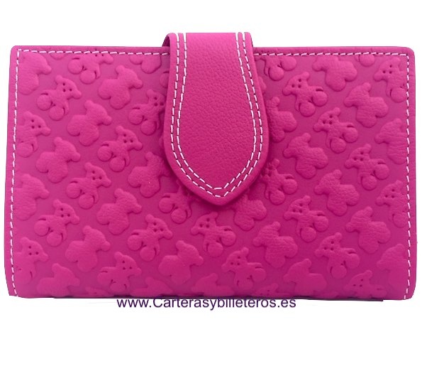 CARTERA MUJER DE PIEL DE UBRIQUE ADORNO DE OSOS ROSA ROSA 