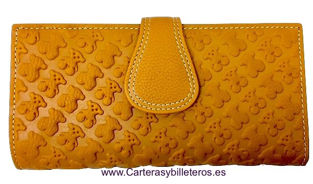 CARTERA MUJER DE PIEL DE UBRIQUE ADORNO DE OSOS MOSTAZA 