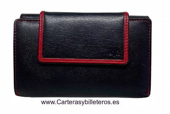 CARTERA BILLETERO TARJETERO CON MONEDERO EN PIEL NAPALUX NEGRO Y ROJO 