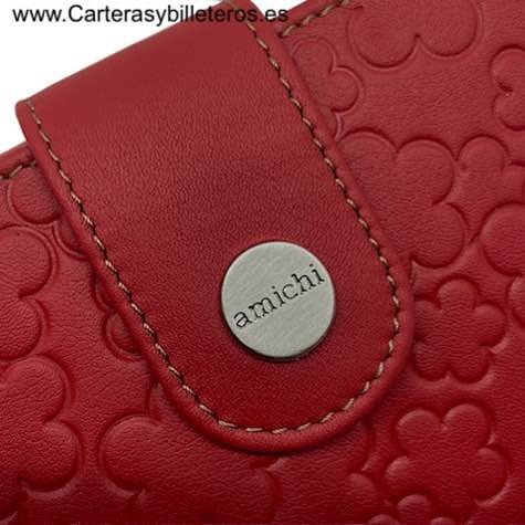 AMICHI WALLET FOR WOMAN IN LUXURY LEATHER WITH ENGRAVINGS OF AMICHI FLOWERS AND HEARTS 