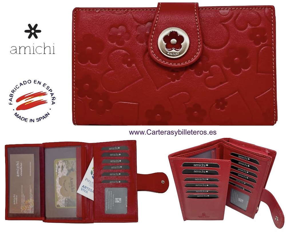 AMICHI WALLET FOR WOMAN IN LUXURY LEATHER WITH ENGRAVINGS OF AMICHI FLOWERS AND HEARTS 