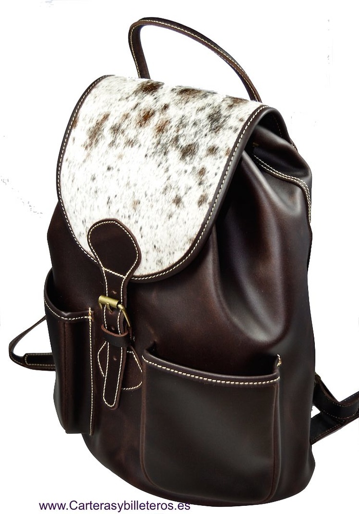 BIG LEATHER BACKPACK WITH AUTHENTIC COW HAIR ON THE CLOSING COVER MADE IN SPAIN 