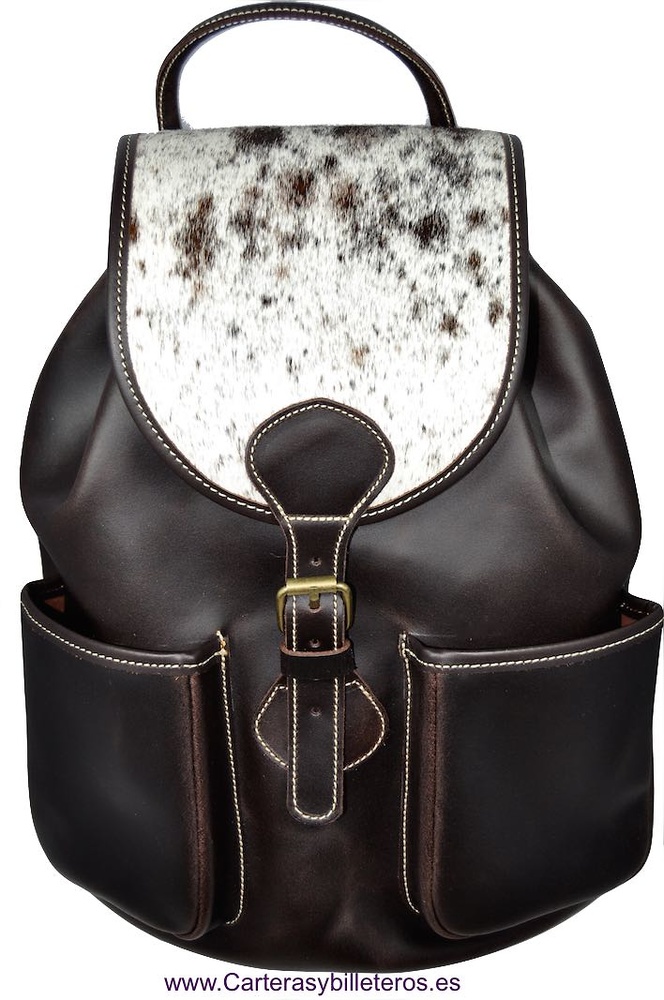 BIG LEATHER BACKPACK WITH AUTHENTIC COW HAIR ON THE CLOSING COVER MADE IN SPAIN 