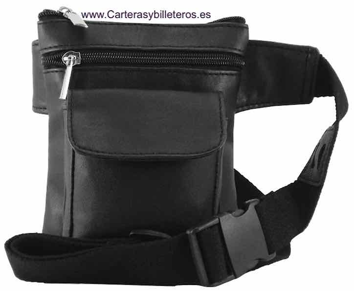 BLACK LEATHER BELT BAG WITH THREE POCKETS AND GLASS HOLDER 