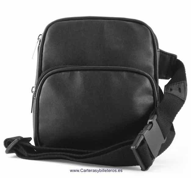 BLACK LEATHER BELT BAG WITH THREE POCKETS AND PEN HOLDER 