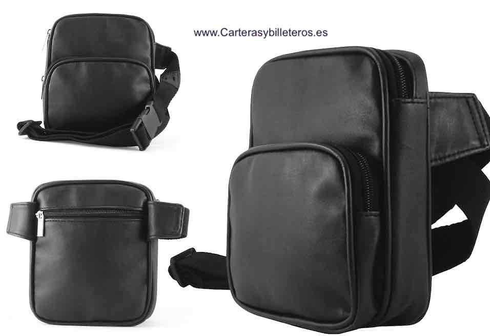 BLACK LEATHER BELT BAG WITH THREE POCKETS AND PEN HOLDER 