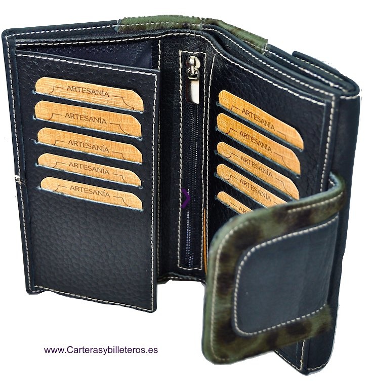 BLACK LEATHER WOMAN WALLET WITH MEDIUM HAIR SKIN WITH PURSE 