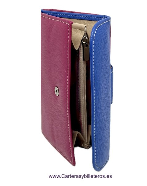 BLUE AND FUCHSIA UBRIQUE WOMEN'S LEATHER WALLET WITH COIN PURSE AND CARD HOLDER 