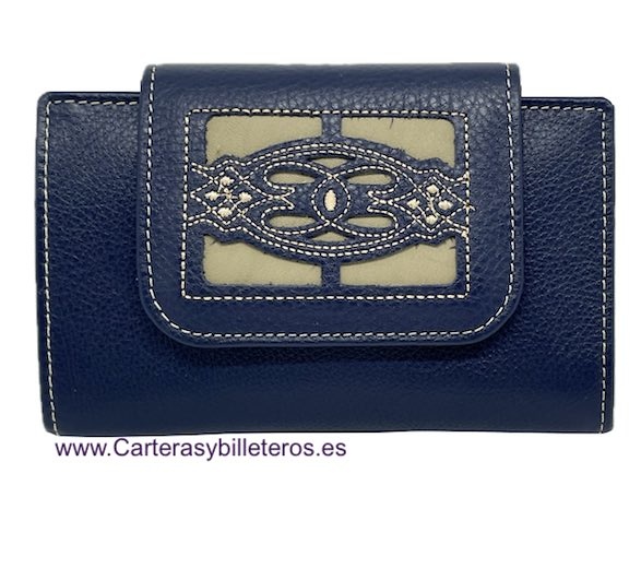 BLUE WOMEN'S WALLET WITH EMBROIDERY EMBELLISHMENT ON THE LEATHER 