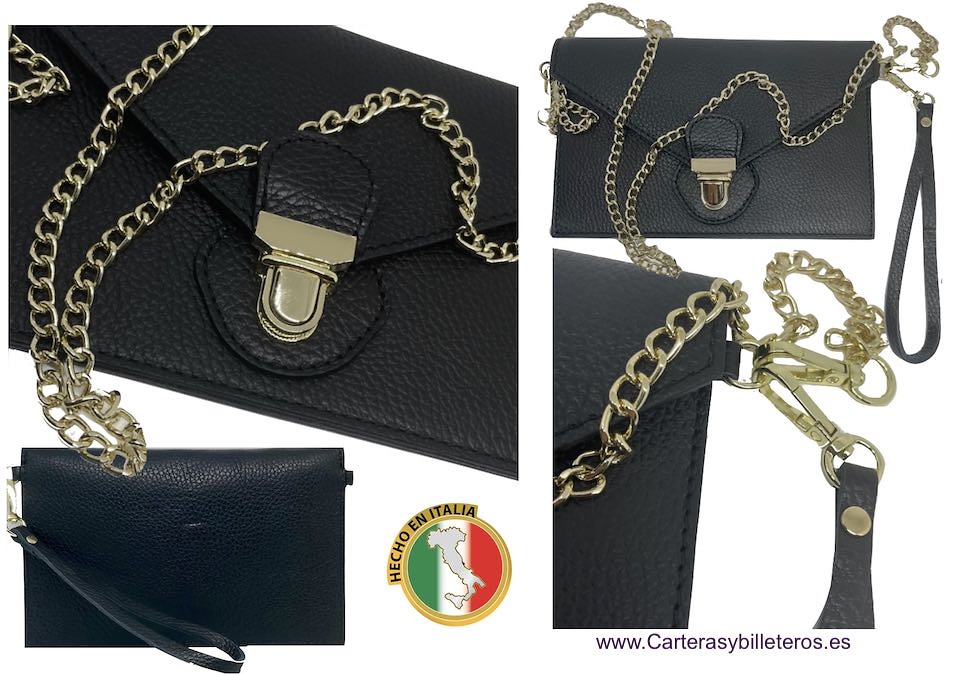 BOLSO CARTERA DE MUJER DE PIEL TIPO SOBRE CON CADENA HOMBRO Y ASA DE MANO 